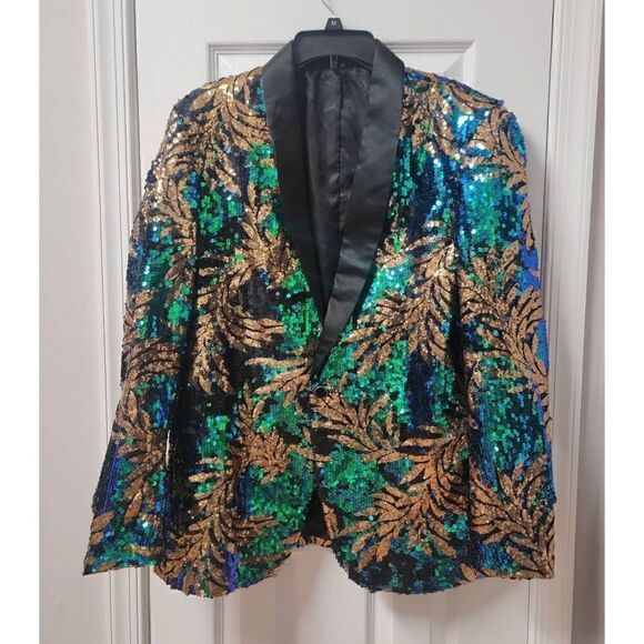 Sparkly Dark Green Sequins Men's Blazer M - Picture 3 of 10